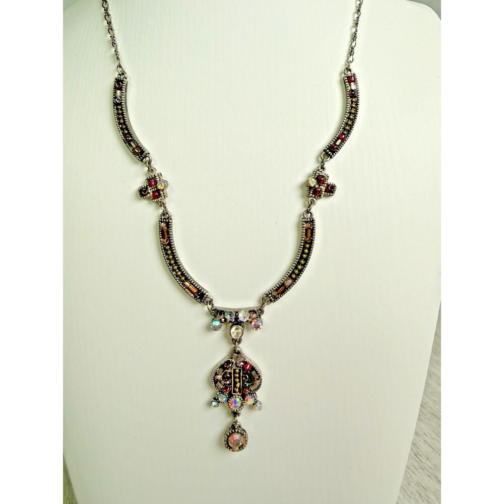 Layered Antique Iridescent Crystal Beaded Flower Fashion Pendant Necklace